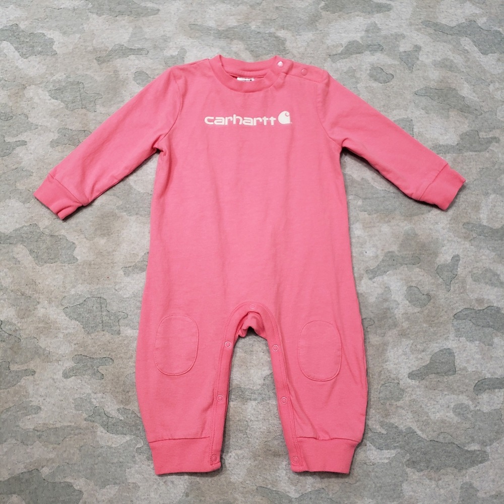 Carhartt Coverall Baby Girls 6M Pink Long Sleeve Cotton Logo Romper Workwear